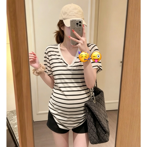 V领条纹短袖T恤孕妇装夏季簿款小个子宽松慵懒风防晒罩衫百搭上衣