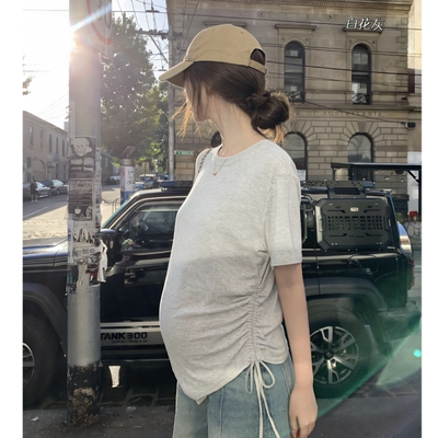 小个子孕妇装2026夏季宽松百搭短袖T恤衫宽松圆领显瘦抽绳设计感