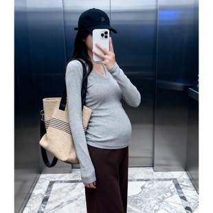 长袖 纯棉孕妇打底衫 秋冬新款 内搭v领修身 180斤 上衣百搭纯欲风大码