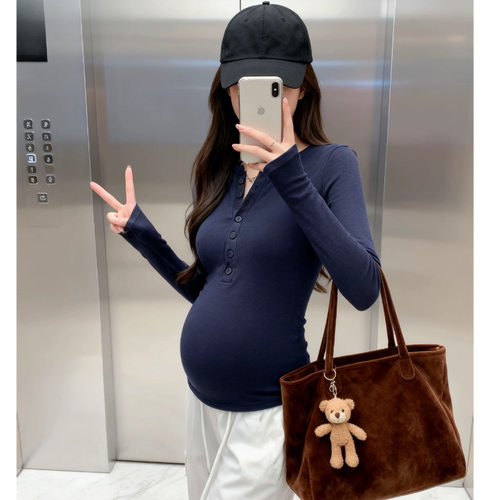 孕妇排扣上衣哺乳时尚长袖t恤衫修身紧身贴身2025春秋款打底衫