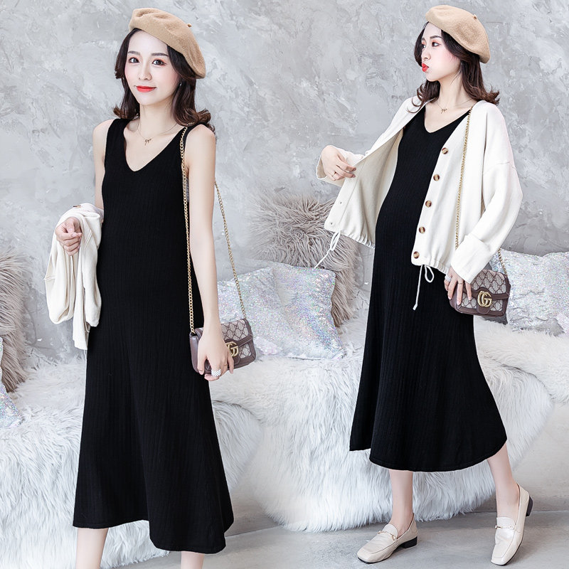 임산부 니트 카디건 투피스 세트 가을 유행 엄마 패션 코트 중간 길이 느슨한 조끼 드레스 슈트