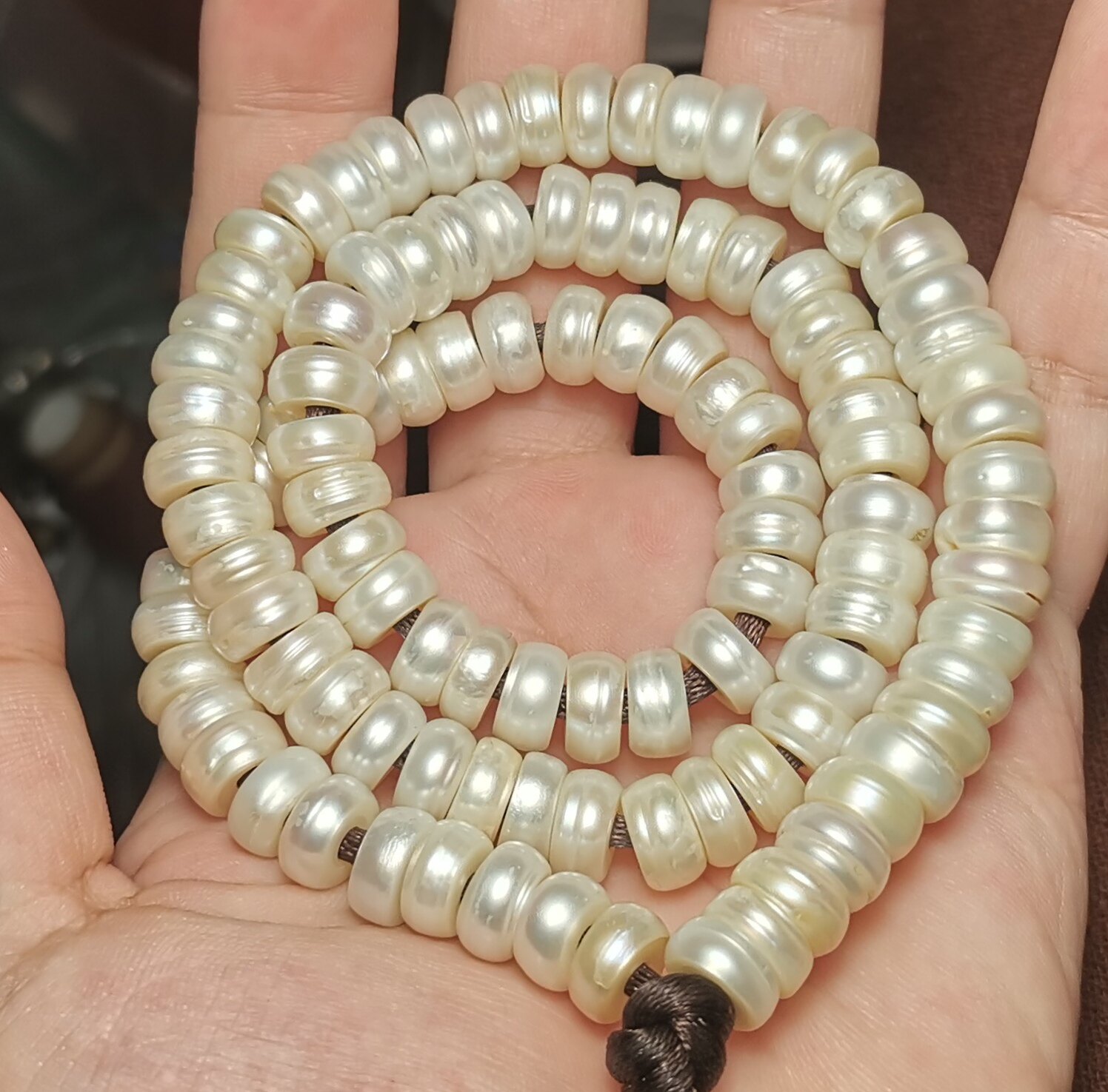藏系文玩9.5mm白珍珠原生态生长纹手工切片隔片垫片手链一物一图
