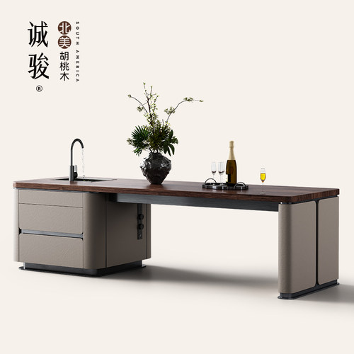 诚骏北美胡桃木岛台西餐工作台豪华别墅轻奢客厅餐桌岛台一体实木 - 封面