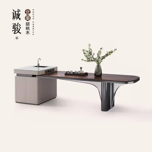 诚骏黑胡桃木实木岛台一体餐桌带水槽轻奢家用悬浮导台餐桌椅组合