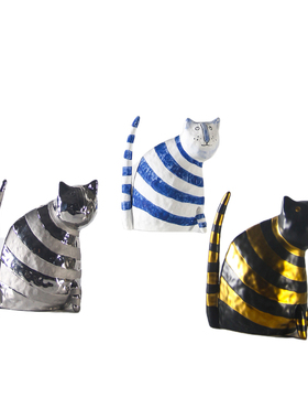 卡通风手绘蓝白条纹陶瓷猫咪摆件书E房客厅样板间儿童房软装售楼