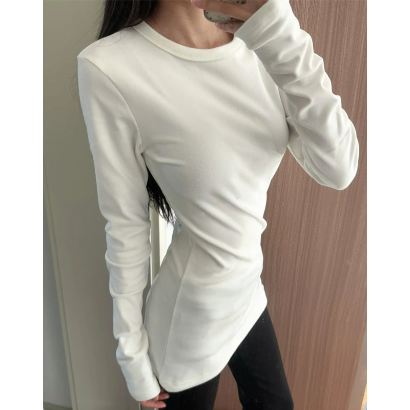 白色内搭打底衫女春秋中长款遮屁股上衣修身圆领简约正肩长袖t恤