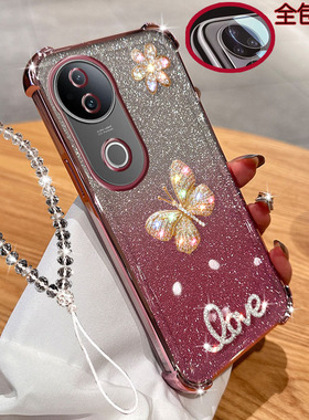 适用vivo s20手机壳5G气囊透明闪粉镶钻pro蝴蝶V2429A带镜头膜vivos20全包边电镀女款软硅胶防摔保护套奢华新