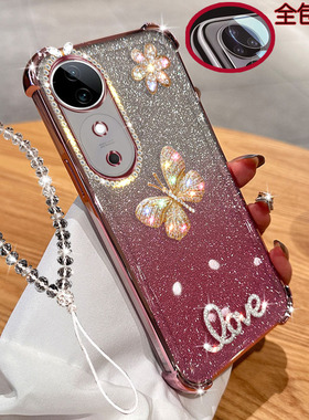 适用vivo s19手机壳pro四角气囊透明闪粉镶钻vivos19蝴蝶V2362A带镜头膜全包V2364A电镀女款软硅胶防摔保护套