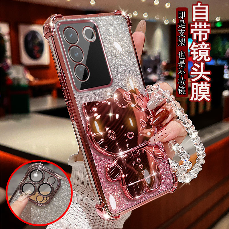 适用vivo s16手机壳E透明pro气囊防摔V2244A一体镜头膜全包边保护套女士新款小猫支架带镜子软硅胶可爱网红