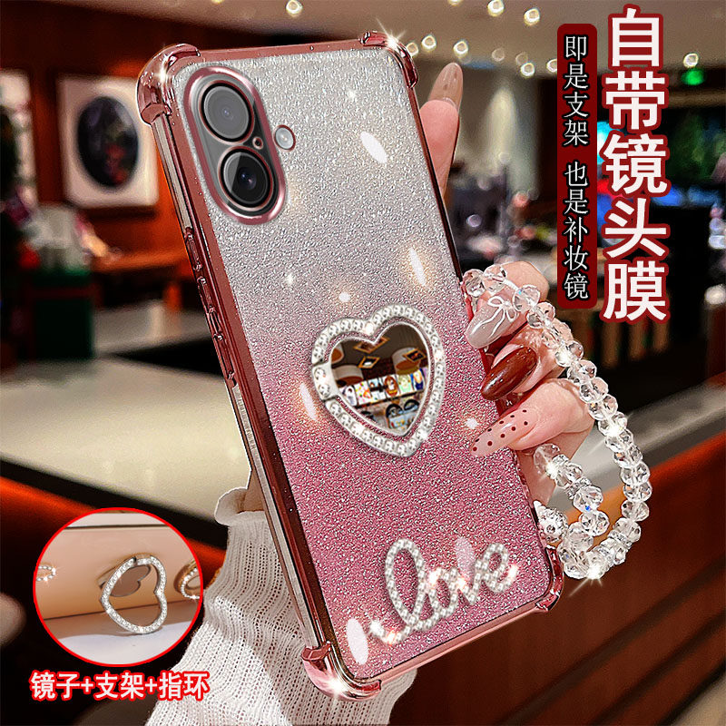 适用苹果17手机壳pro镶水钻proMax闪闪LOVE字母镜子指环旋转支架保护套防摔软胶一体镜头全包女款气囊新品