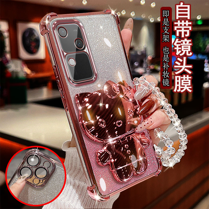 适用vivo s18手机壳E透明pro气囊防摔一体镜头膜全包边保护套女士新款小猫支架带镜子软硅胶可爱网红奢华
