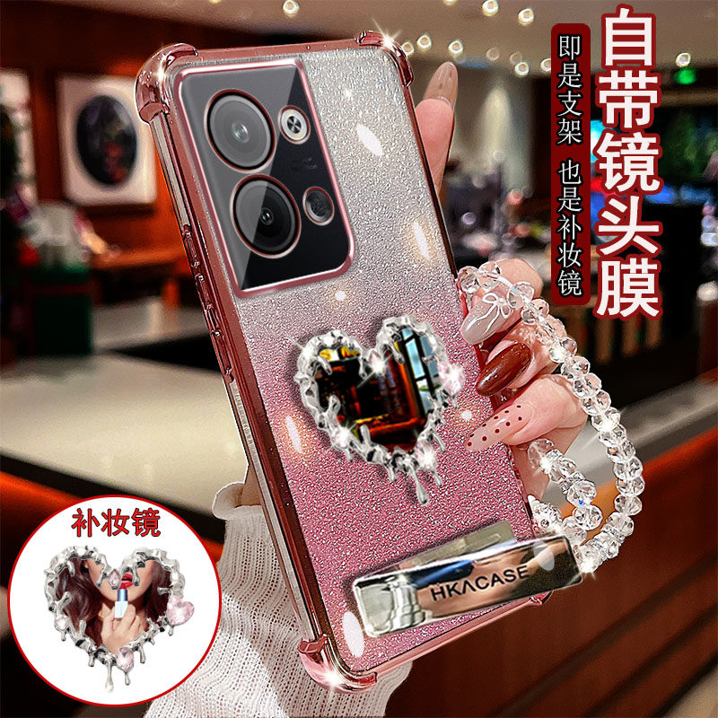 适用于oppo Reno9手机壳pro透明PHM110四角PGX110防撞气囊防摔镜头膜全包边保护套女款水滴爱心补妆镜子支架