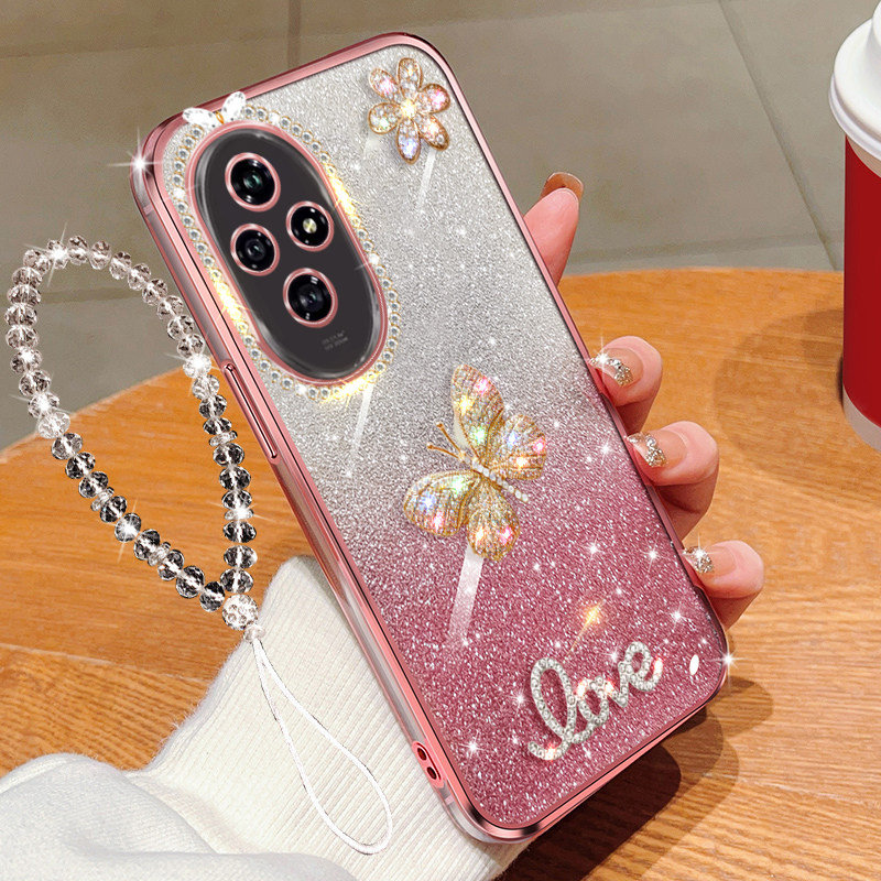 适用荣耀200手机壳pro闪镶钻ELI-AN00奢华honor200蝴蝶镜头lite全包ELP水晶挂绳链子女款软胶防摔保护套时尚