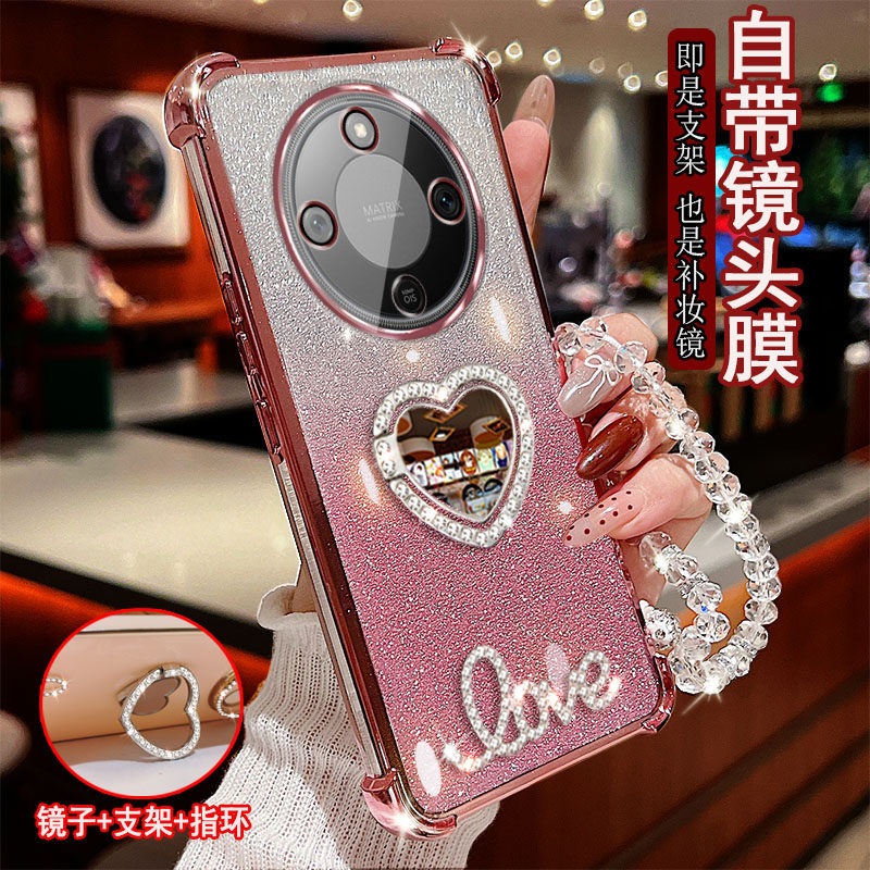 适用荣耀x70手机壳镶钻LOVE字母镜子honor指环旋转支架5G保护套荣耀防摔软硅胶镜头全包边女款四角气囊网红