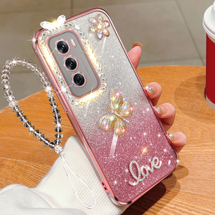 適用OPPO 軟硅膠防摔保護套掛繩 Reno12手機殼5G透明閃粉鑲鉆opporeno12彩色蝴蝶pro精孔鏡頭全包直邊電鍍女款