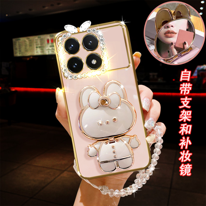 适用Redmi红米k70手机壳5G卡通小兔pro镜子桌面支架k70e直边电镀防摔时尚奢华保护套镶钻手链软胶镜头全包新