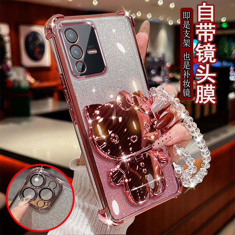 适用vivo s12手机壳透明pro气囊防摔V2162A一体镜头膜全包边保护套女士新款小猫支架带镜子软硅胶可爱网红