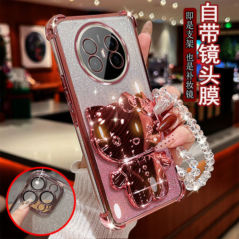 适用华为Mate70Air手机壳透明气囊防摔一体镜头膜全包边保护套女士新款小猫支架带镜子软硅胶可爱网红奢华