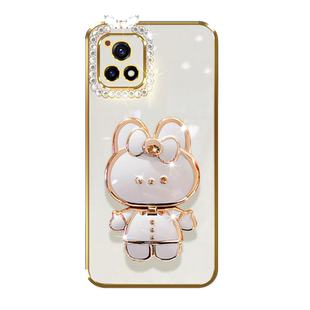 适用vivo y52s手机壳5G卡通y31s标准版小兔镜子支架iqoou3横竖直边防摔时尚奢华保护套镶钻手链软胶镜头全包