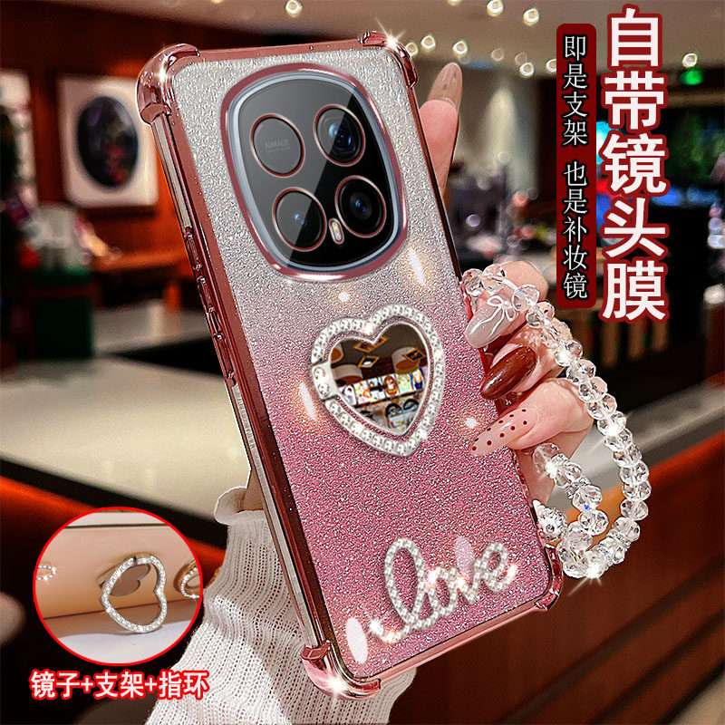 适用荣耀Magic8RSR保时捷手机壳BKQ-AN20镶钻LOVE字母镜子指环旋转支架5G保护套防摔软硅胶镜头全包四角气囊