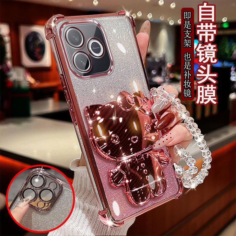 适用荣耀x80i手机壳600Lite透明LNA-AN00气囊LNA-NX1防摔一体镜头膜保护套女士新款小猫支架带镜子软硅胶