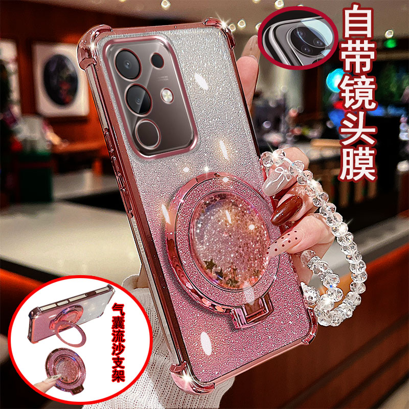 vivo y300t手机壳vivoy300t透明5G四角气囊防摔一体镜头膜V2445EA全包边保护套女士新款解压流沙带支架软硅胶