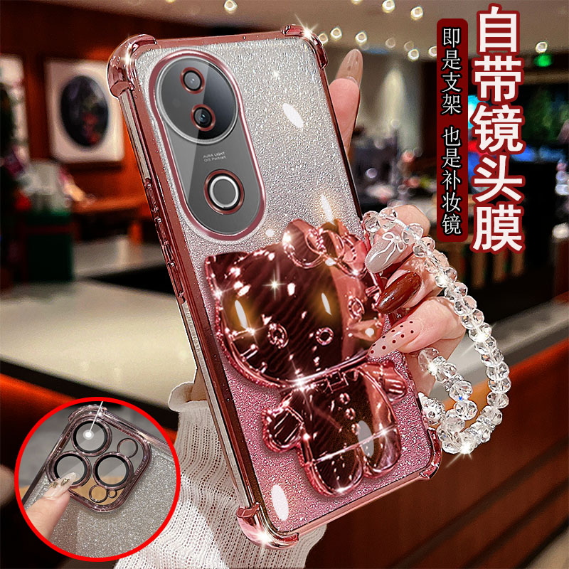 适用vivos20手机壳pro透明5G气囊防摔V2429A一体镜头膜全包边V2430A保护套女士新款小猫支架带镜子软硅胶可爱