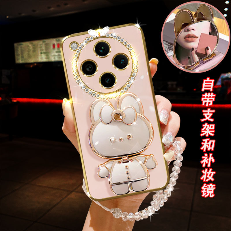 适用OPPO Findx8手机壳5G卡通pro小兔化妆镜子桌面支架横竖支撑直边防摔时尚奢华保护套镶钻手链软胶镜头全包