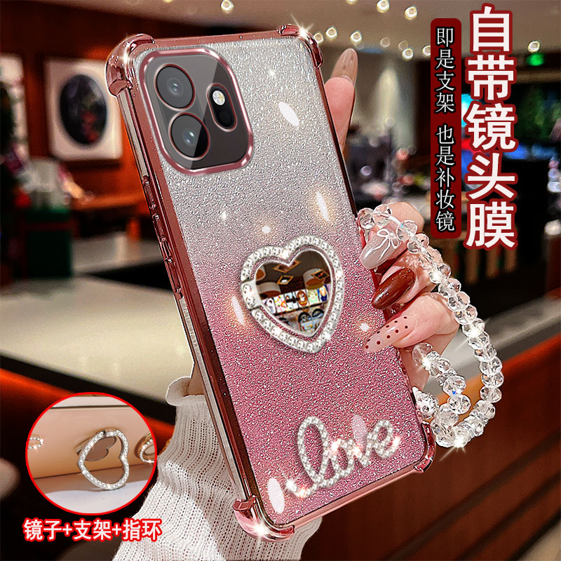 适用一加15T手机壳PLZ110镶钻LOVE字母镜子指环旋转支架5G保护套防摔软硅胶镜头全包边女款四角气囊网红奢华