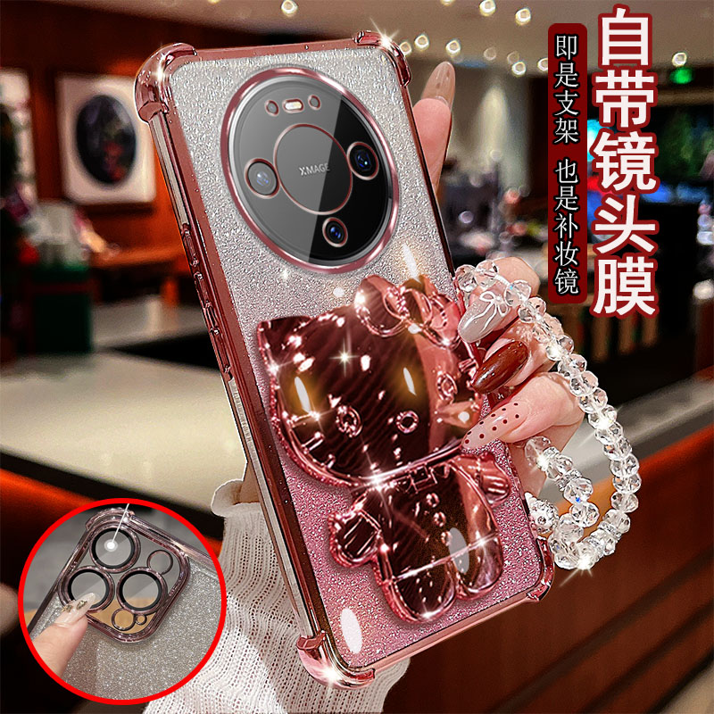 适用华为Mate80手机壳pro透明VYG-AL00气囊SGT-AL00防摔一体镜头膜保护套女士新款小猫支架带镜子软硅胶可爱