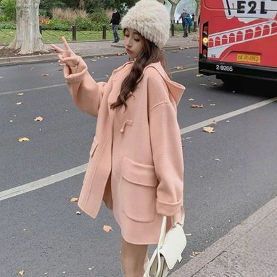 2024早秋冬装小个子呢子大衣女连帽中长款牛角扣毛呢子外套女