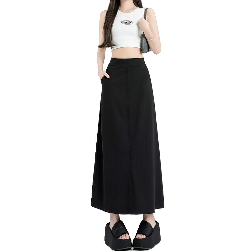 黑色a字半身裙女2025新款氣質(zhì)春夏遮胯西裝高腰長(zhǎng)款長(zhǎng)裙遮肉口袋