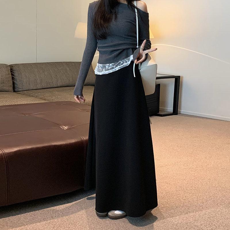 慵懒风黑色A字半身裙女秋冬加绒