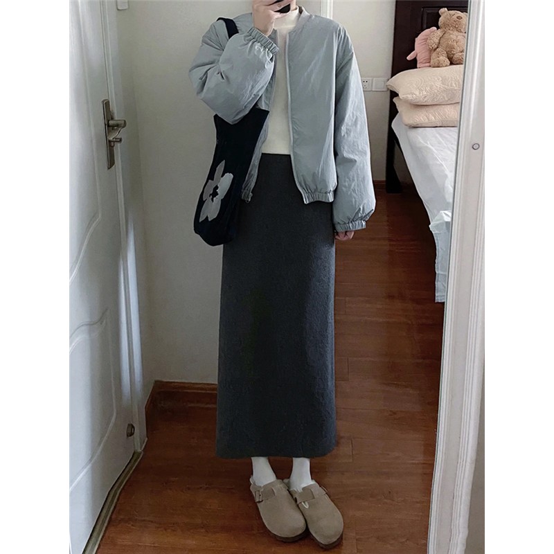高腰显瘦中长款灰色裙子梨形身材