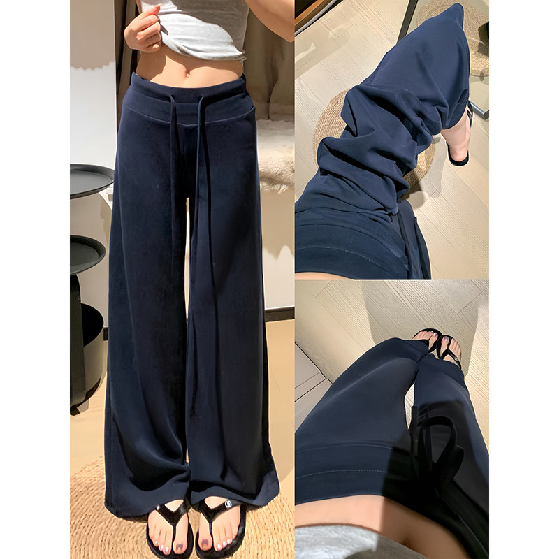 藏青色休闲裤女秋冬新款高腰显瘦直筒阔腿裤宽松百搭运动卫裤长裤