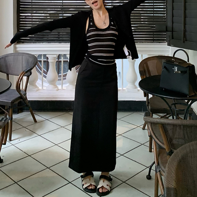 显瘦西装高腰长款长裙遮肉口袋