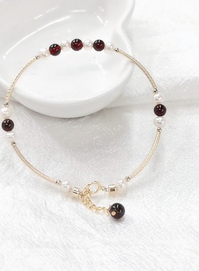 原创设计石榴石14k包金珠小珍珠手链手串 简约款手饰送闺蜜礼物