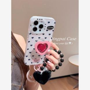 15pro女款 ins简约粉色爱心水钻支架链条适用苹果16promax手机壳iphone13新款 14日韩少女小众创意全包硬壳