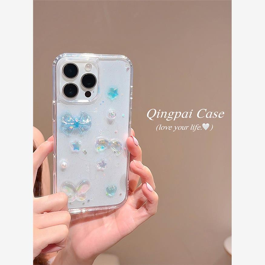 透明滴胶立体蓝色蝴蝶结适用苹果16promax手机壳iphone13新款15pro女款14日韩ins风少女小众简约全包硬壳
