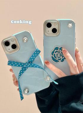 cooking韩系ins蓝色蝴蝶结iphone16ProMax手机壳苹果15个性奢华13小众14新款14pro适用16pro贴皮手机套高级感