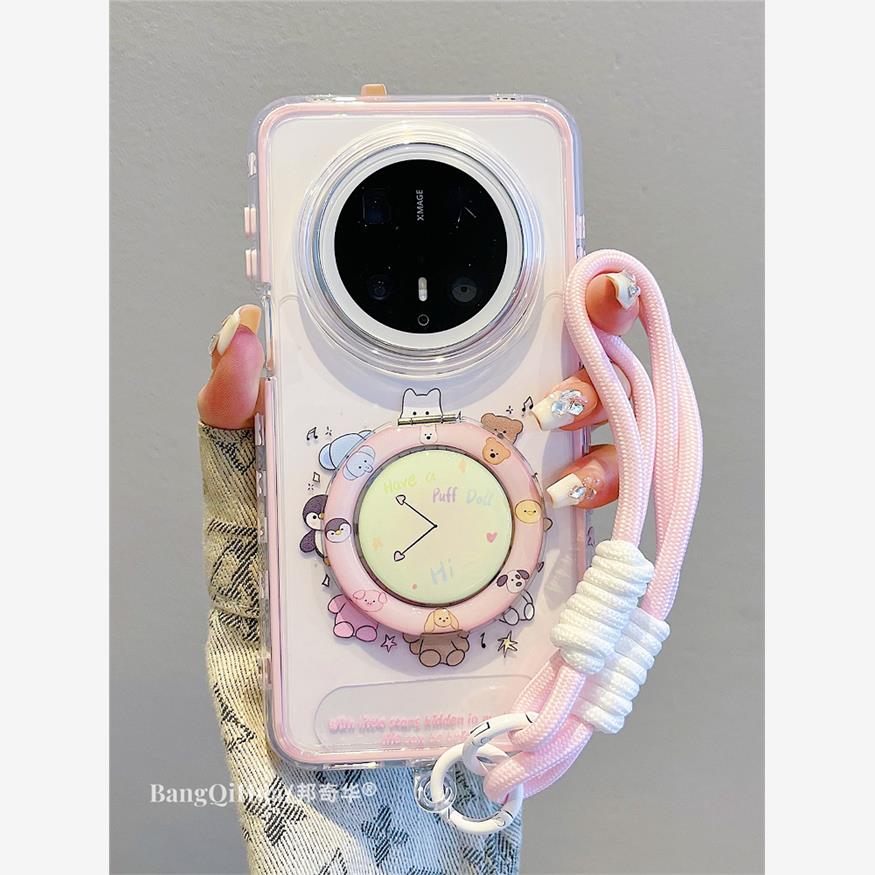 适用华为mate70pro+手机壳可爱卡通小动物时钟支架mate60pro少女心pura70pro手提挂绳70Ultra网红新款p60防摔