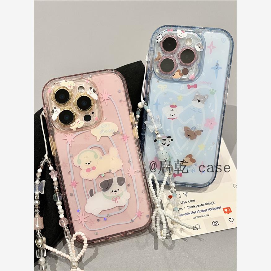 闪粉星星狗狗腕带iPhone16/15手机壳适用苹果14/13promax滴胶硬壳链条挂绳少女心粉色可爱卡通新款全包