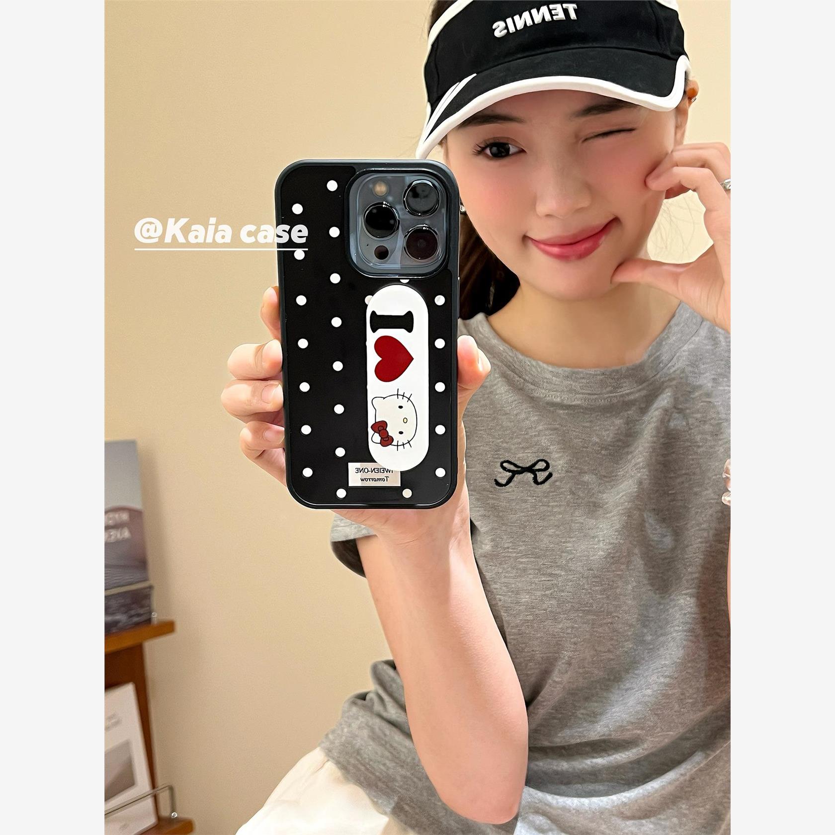 日韩波点哈喽kt凯蒂猫创可贴适用苹果16promax手机壳iphone13新款15女14pro带支架16pro磨砂防摔手机套