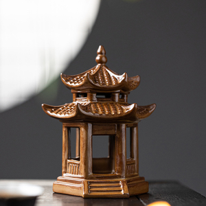 大号创意双层六角亭陶瓷摆饰古建筑微景观设计水族箱鱼缸造景装饰
