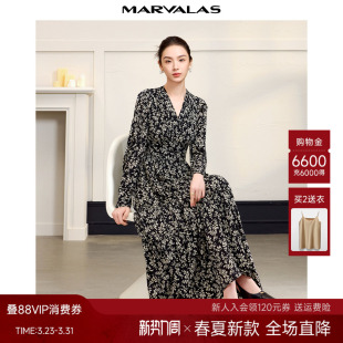 艺术印花显瘦V领收腰雪纺裙女 时尚 曼德诗碎花连衣裙2026春季 新款