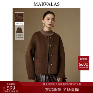 曼德诗纯色圆领毛呢外套2025冬季新款绵羊毛骆驼绒混纺气质短大衣