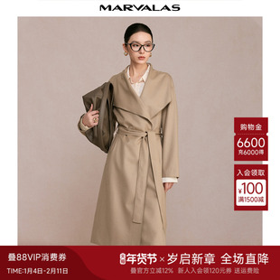 曼德诗中长款呢子大衣2025秋季新品纯色大翻领系带绵羊毛呢外套