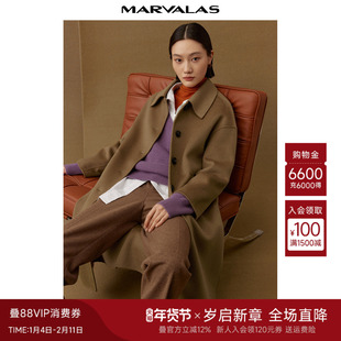 曼德诗简约翻领毛呢外套2024冬季新品宽松全羊毛长款双面呢大衣女