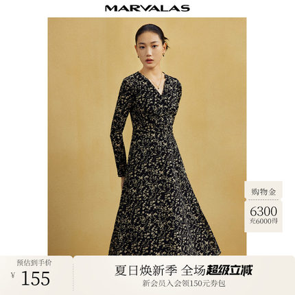 曼德诗法式复古印花V领连衣裙2025秋季新品长袖收腰浪漫茶歇长裙