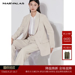 OL斜紋西裝 雙排扣垂感簡約正裝 曼德詩米色翻領通勤西服女2025秋季